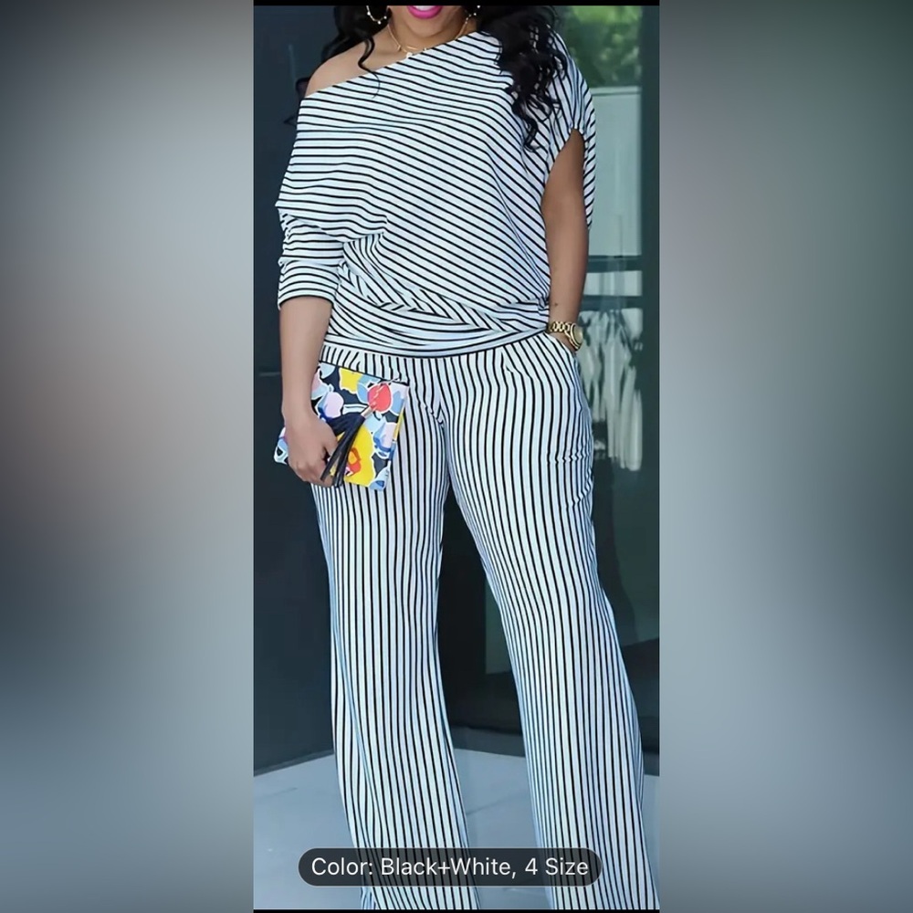 White and Black off the shoulder striped pants set